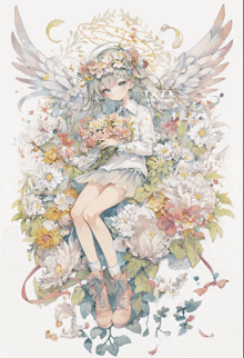 a girl with wings is surrounded by flowers and has a halo around her head