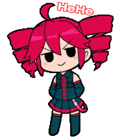 a cartoon drawing of a girl with red hair and the word " hehe " above her