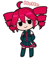 a cartoon drawing of a girl with red hair and the word " hehe " above her