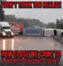 a truck is driving down a highway next to a coca cola truck and a mentos truck .