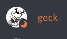 a cartoon of snoopy playing a guitar with the word geck in red