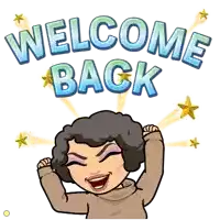 a cartoon of a woman with her arms in the air and the words welcome back behind her