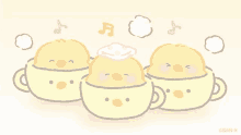 a group of yellow chicks are sitting in cups of soup .