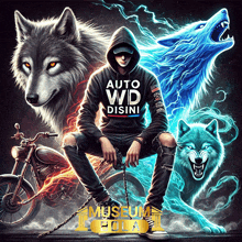 a man with a hoodie that says auto wd disini is surrounded by wolves