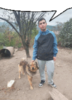 a man standing next to a dog with a speech bubble above him