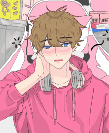 a drawing of a person wearing headphones and a pink hoodie