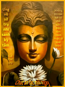 a painting of a buddha holding a flower with the words " chúc an lạc mới ngày " below it