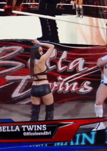 a female wrestler named bella twins is standing in front of a banner that says bella twins