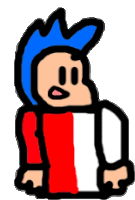 a cartoon character with a blue hat and a red , white and blue shirt is holding a piece of paper .