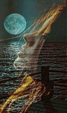 a double exposure of a woman 's face and a full moon in the ocean .