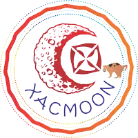 a logo for xacmoon has a crescent moon and a cat