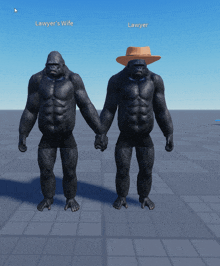 two gorillas standing next to each other with the words lawyer 's wife written above them