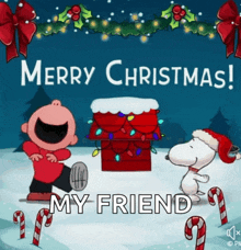 a christmas card with charlie brown and snoopy saying merry christmas