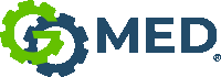 a blue and green logo for med with a gear in the center