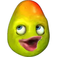 a cartoon pear with blue eyes and a pink tongue sticking out