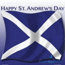 a blue and white flag with the words happy st. andrews day written above it