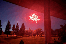 a fireworks display is visible through a window in a park