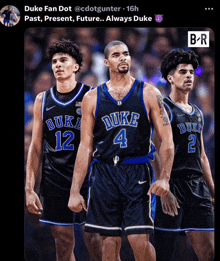 three duke basketball players standing next to each other on the court