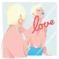 an illustration of a woman looking at her reflection in a mirror with the word love on it