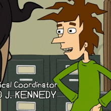 a cartoon character named j. kennedy is standing next to a woman