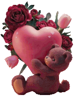 a teddy bear holds a large pink heart surrounded by roses