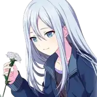 a girl with long white hair and blue eyes is holding a flower in her hand .