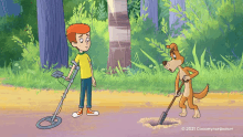 a cartoon of a boy using a metal detector next to a dog digging a hole