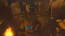 a robot is flying through the air in a dark room with a fire in the background .