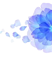 a blue and purple flower with petals flying out of it