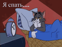 a cartoon of a cat laying in bed next to an alarm clock that says ' i ' on it