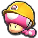 a pink toad wearing a yellow hard hat .