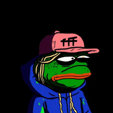 a cartoon frog wearing a blue hoodie and a pink hat that says fff