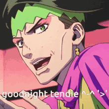 a cartoon character says goodnight tendie in a pink and purple outfit