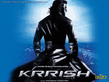 a poster for a movie called krrish shows a man in a black coat