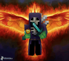 a minecraft character with wings holding a diamond sword and an apple