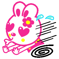 a pink bunny with hearts and a flower on its face is running