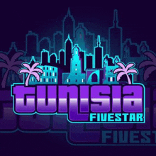 it looks like a video game logo with a city skyline and palm trees .