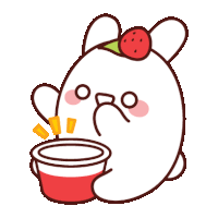 a cartoon rabbit with a strawberry on its head holding a cup