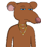 a cartoon rat with a very long nose wearing a gold necklace