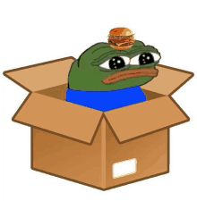 a cartoon frog with a hamburger on his head is in a cardboard box