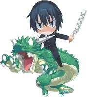 a boy riding on the back of a green dragon holding a sword