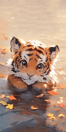 a baby tiger is laying in the water with leaves around it