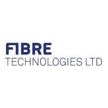 a logo for fibre technologies ltd is blue and white