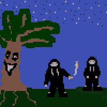 a pixel art drawing of a tree with a face