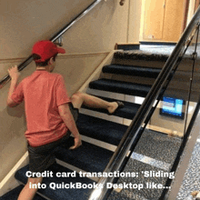 a boy in a red shirt climbs a set of stairs