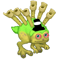 a cartoon frog with a top hat and a bunch of flutes on its head