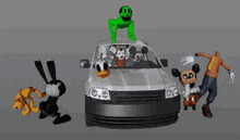 a group of cartoon characters standing around a car including mickey mouse