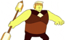 a cartoon character is holding a stick in his right hand .