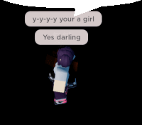 a girl with purple hair says yes darling in a speech bubble