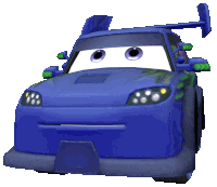 a blue toy car with big eyes and a wing on the side